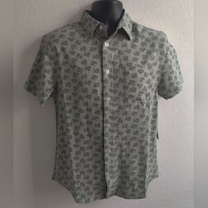 🆕 Tony Hawk Men's Green Skull Pattern Short Sleeve Button-down Shirt_Small